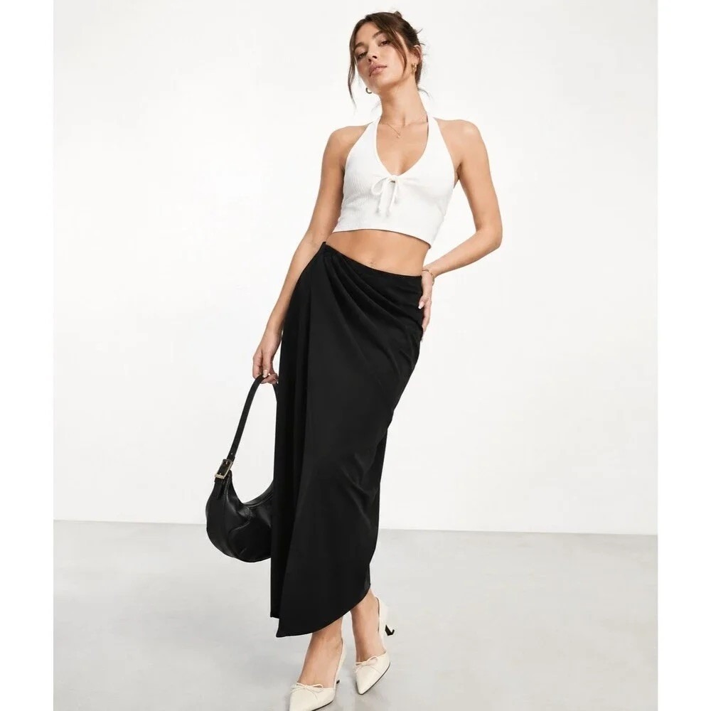 Abercrombie & Fitch Black Draped Wrap Midi Skirt XS Elastic Waist Lined Stretch